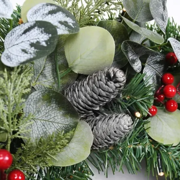 Wreaths-Kirkland's Home White Tip Pinecone And Eucalyptus Pre-Lit Wreath Green/White/Red