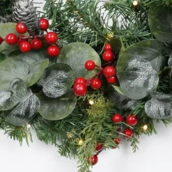Wreaths-Kirkland's Home White Tip Pinecone And Eucalyptus Pre-Lit Wreath Green/White/Red
