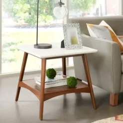 Accent & End Tables-Kirkland's Home White Top And Pecan Wood Mid-Century Modern Table Brown
