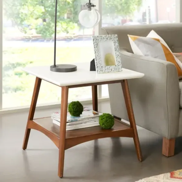 Accent & End Tables-Kirkland's Home White Top And Pecan Wood Mid-Century Modern Table Brown
