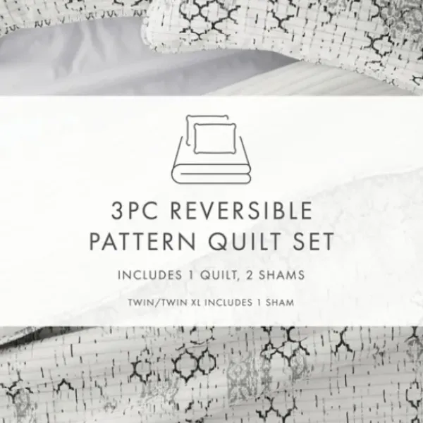 Quilts-Kirkland's Home White Trellis Reversible 3-Pc. King Quilt Set White/Gray