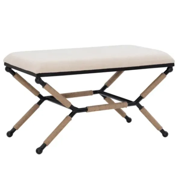 Dining Chairs-Kirkland's Home White Upholstered And Wrapped Rope Metal Bench White/Black/Tan