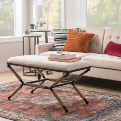 Dining Chairs-Kirkland's Home White Upholstered And Wrapped Rope Metal Bench White/Black/Tan