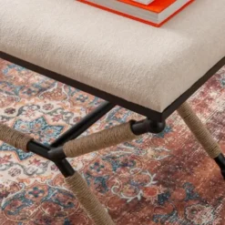 Dining Chairs-Kirkland's Home White Upholstered And Wrapped Rope Metal Bench White/Black/Tan
