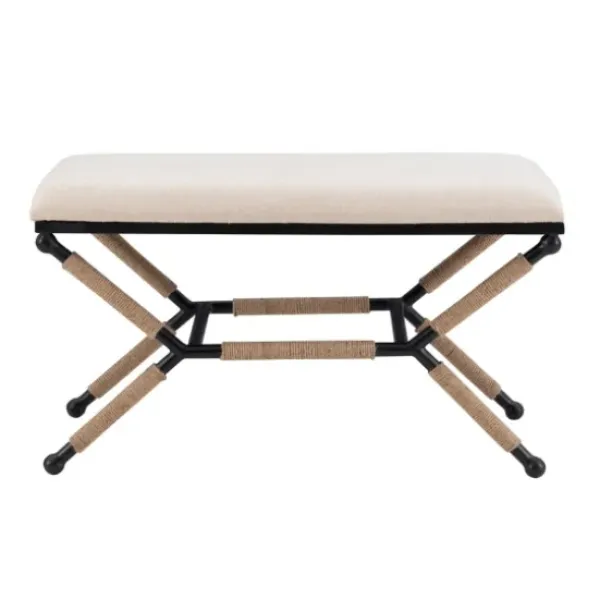 Dining Chairs-Kirkland's Home White Upholstered And Wrapped Rope Metal Bench White/Black/Tan