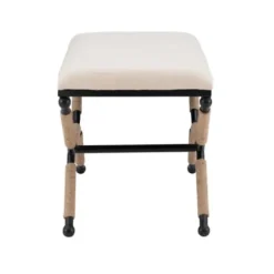 Dining Chairs-Kirkland's Home White Upholstered And Wrapped Rope Metal Bench White/Black/Tan
