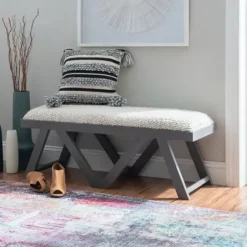 Benches & Ottomans-Kirkland's Home White Upholstered Seat And Blue Wood Bench Blue/White