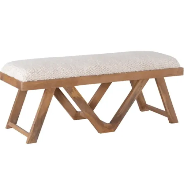 Benches & Ottomans-Kirkland's Home White Upholstered Seat And Tan Wood Bench Tan/White