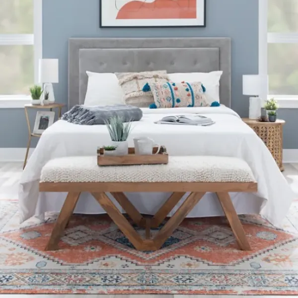 Benches & Ottomans-Kirkland's Home White Upholstered Seat And Tan Wood Bench Tan/White