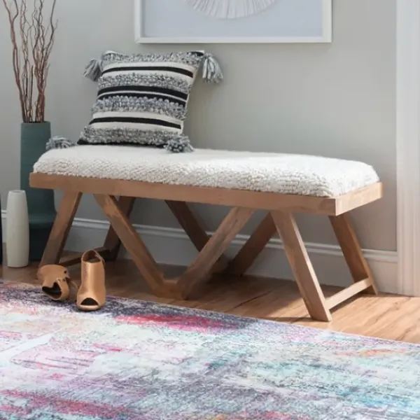 Benches & Ottomans-Kirkland's Home White Upholstered Seat And Tan Wood Bench Tan/White
