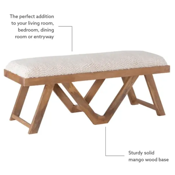 Benches & Ottomans-Kirkland's Home White Upholstered Seat And Tan Wood Bench Tan/White