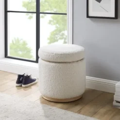 Benches & Ottomans-Kirkland's Home White Upholstered Wood Trim Ottoman White/Tan