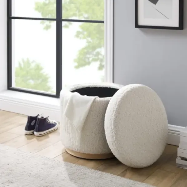 Benches & Ottomans-Kirkland's Home White Upholstered Wood Trim Ottoman White/Tan