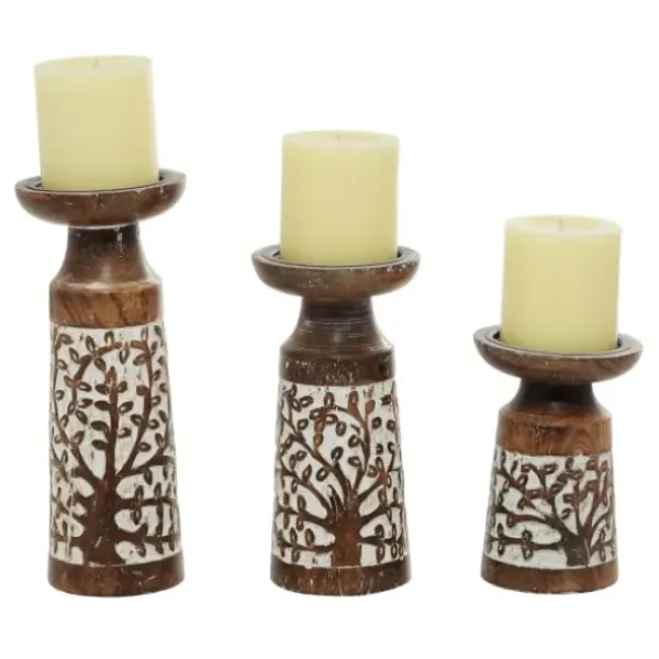 Candle Holders-Kirkland's Home White Washed Botanical Candle Holders, Set Of 3 White/Brown