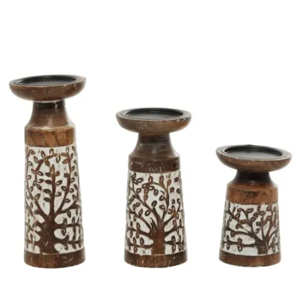 Candle Holders-Kirkland's Home White Washed Botanical Candle Holders, Set Of 3 White/Brown