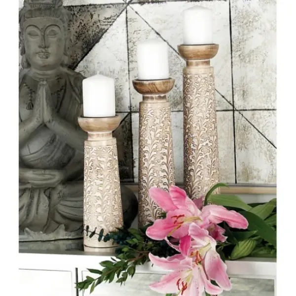 Candle Holders-Kirkland's Home White Washed Floral Wood Candle Holders, Set Of 3 White/Brown