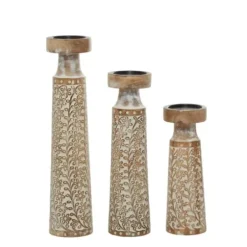 Candle Holders-Kirkland's Home White Washed Floral Wood Candle Holders, Set Of 3 White/Brown