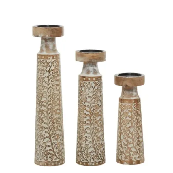 Candle Holders-Kirkland's Home White Washed Floral Wood Candle Holders, Set Of 3 White/Brown