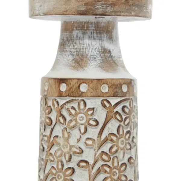 Candle Holders-Kirkland's Home White Washed Floral Wood Candle Holders, Set Of 3 White/Brown