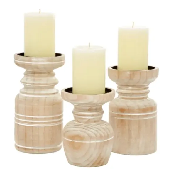Candle Holders-Kirkland's Home White Washed Wood Carved Candle Holders, Set Of 3 White/Brown/Tan