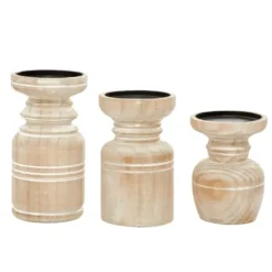 Candle Holders-Kirkland's Home White Washed Wood Carved Candle Holders, Set Of 3 White/Brown/Tan