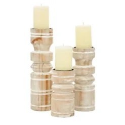 Candle Holders-Kirkland's Home White Washed Wood Column Candle Holders, Set Of 3 White/Brown/Tan