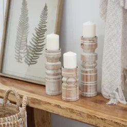 Candle Holders-Kirkland's Home White Washed Wood Column Candle Holders, Set Of 3 White/Brown/Tan