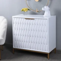Cabinets & Sideboards-Kirkland's Home White Wood Basket Weave Cabinet