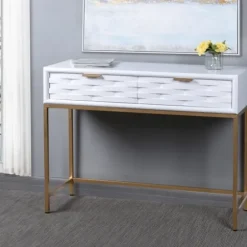 Console Tables-Kirkland's Home White Wood Basket Weave Console Table