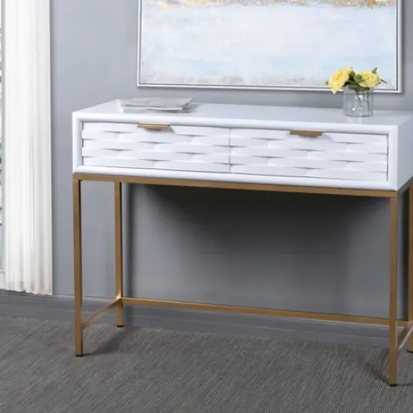 Console Tables-Kirkland's Home White Wood Basket Weave Console Table