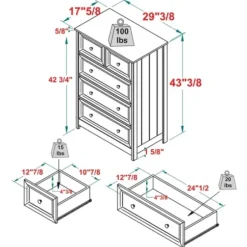 Dressers & Chests-Kirkland's Home White Wood Five Framed Drawers Dresser
