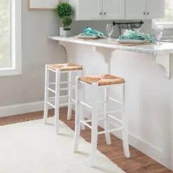 Bar Stools & Counter Height Stools-Kirkland's Home White Wood Seagrass Backless 2-Pc. Bar Stool Set Tan