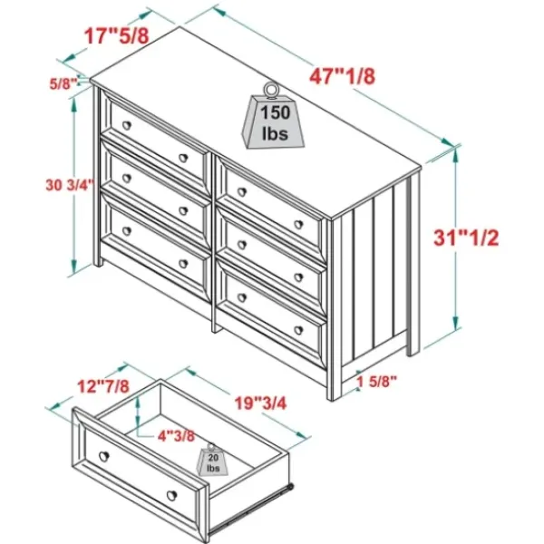 Dressers & Chests-Kirkland's Home White Wood Six Framed Drawers Dresser