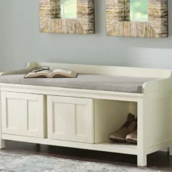Benches & Ottomans-Kirkland's Home White Wood Upholstered Storage Bench White/Gray