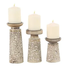 Candle Holders-Kirkland's Home Whitewash Floral Mango Candlesticks, Set Of 3 Ivory/Tan