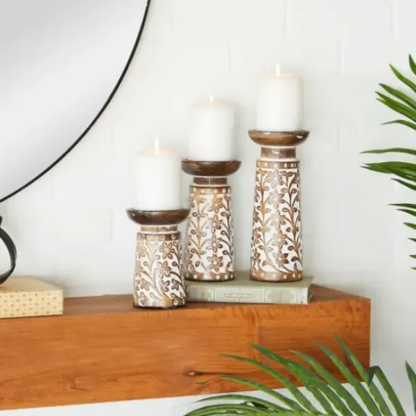 Candle Holders-Kirkland's Home Whitewash Floral Mango Candlesticks, Set Of 3 Ivory/Tan