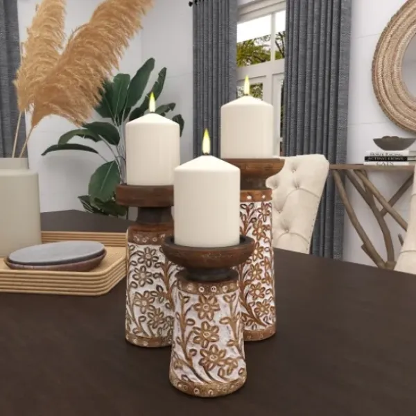 Candle Holders-Kirkland's Home Whitewash Floral Mango Candlesticks, Set Of 3 Ivory/Tan