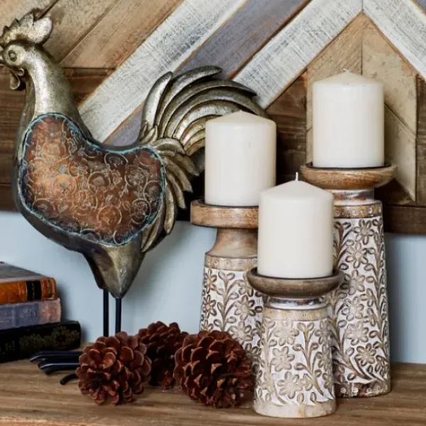 Candle Holders-Kirkland's Home Whitewash Floral Mango Candlesticks, Set Of 3 Ivory/Tan