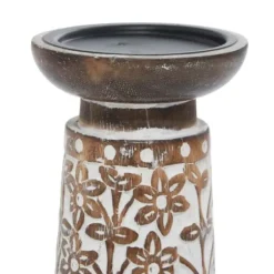 Candle Holders-Kirkland's Home Whitewash Floral Mango Candlesticks, Set Of 3 Ivory/Tan