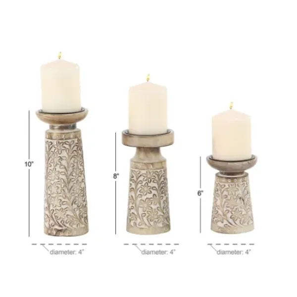 Candle Holders-Kirkland's Home Whitewash Floral Mango Candlesticks, Set Of 3 Ivory/Tan