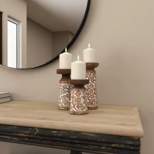 Candle Holders-Kirkland's Home Whitewash Floral Mango Candlesticks, Set Of 3 Ivory/Tan