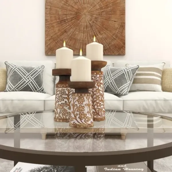 Candle Holders-Kirkland's Home Whitewash Floral Mango Candlesticks, Set Of 3 Ivory/Tan