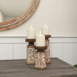 Candle Holders-Kirkland's Home Whitewash Floral Mango Candlesticks, Set Of 3 Ivory/Tan