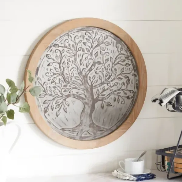 Wall Plaques-Kirkland's Home Whitewashed Bronze Tree Framed Wall Plaque Brown/Ivory