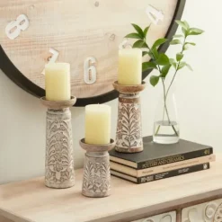 Candle Holders-Kirkland's Home Whitewashed Brown Carved Candle Holders, Set Of 3 White/Brown