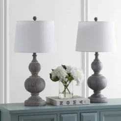 Table Lamps-Kirkland's Home Whitewashed Brown Carved 2-Pc. Table Lamp Set Ivory
