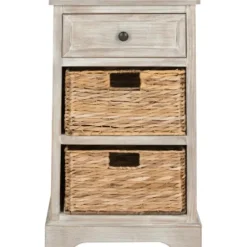 Accent & End Tables-Kirkland's Home Whitewashed Brown Wood Side Table With Baskets White/Brown
