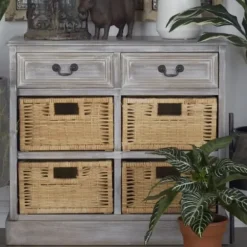 Entryway Furniture-Kirkland's Home Whitewashed Cabinet With Rattan Baskets Brown