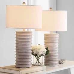 Table Lamps-Kirkland's Home Whitewashed Gray Resin Ridges 2-Pc. Table Lamp Set Ivory
