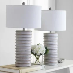 Table Lamps-Kirkland's Home Whitewashed Gray Resin Ridges 2-Pc. Table Lamp Set Ivory